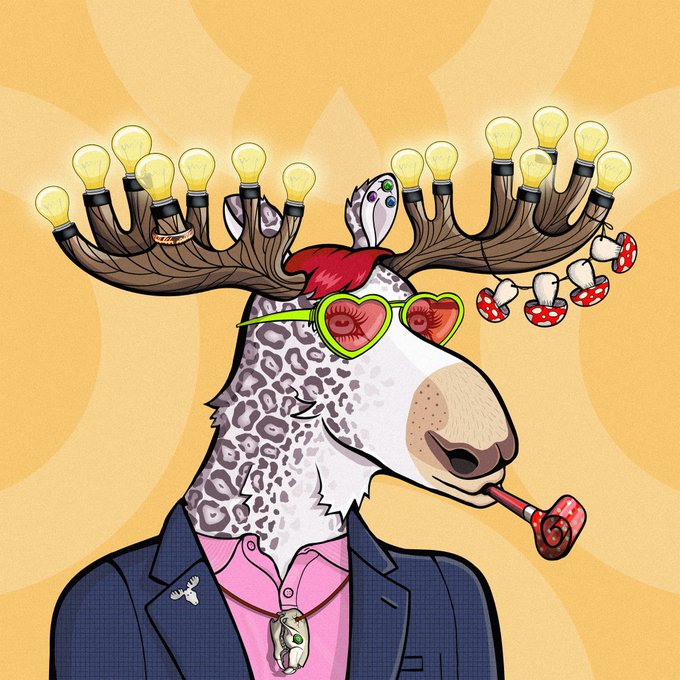 Illustration of a stylish anthropomorphic leopard/reindeer character wearing heart-shaped sunglasses, a pink shirt, and a blue blazer, with lightbulb-tipped antlers and a pipe with mushroom-shaped smoke rings against an orange fleur-de-lis patterned background.