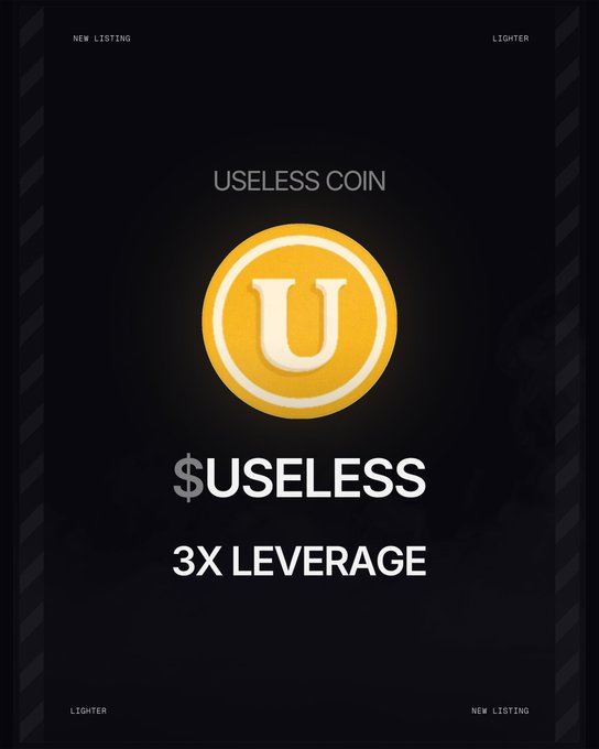 A promotional graphic announcing the new listing of "$USELESS" (Useless Coin) on Lighter, featuring a bold yellow coin logo with a "U" and text highlighting the "3X LEVERAGE" trading option, directly matching the post's announcement of the perpetual futures listing on Robinhood Chain.