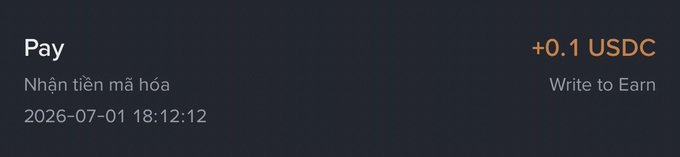 A transaction record showing a "Pay" receipt of +0.1 USDC labeled as "Write to Earn" dated 2026-07-01 18:12:12. The image illustrates the modest crypto reward the user received for participating in Binance's Write to Earn program, humorously compared to "just a lollipop."