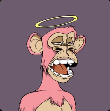 A pink, cartoonish ape-like NFT character with a yellow halo above its head, grinning widely with sharp teeth. The image visually represents the "APE" mentioned in the caption, likely referencing a Bored Ape Yacht Club-style NFT collection being compared to "WackyVille."