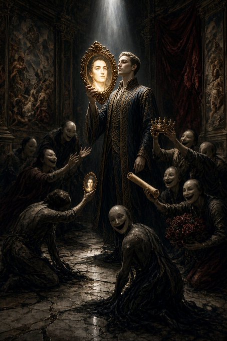 A dark, gothic digital painting depicts a robed figure holding a mirror surrounded by kneeling figures wearing smiling masks, with one offering a crown.