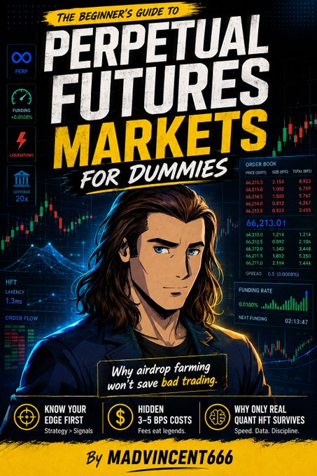 The image is a stylized "For Dummies"-themed book cover titled "The Beginner's Guide to Perpetual Futures Markets For Dummies" by "madvincent666," featuring an illustrated character surrounded by trading interfaces showing order books, funding rates (0.0100%), and leverage details, with the tagline "Why airdrop farming won't save bad trading."

The cover visually reinforces the post's message by framing the harsh realities of perpetual futures trading—hidden 3-5 BPS costs, latency (1.3ms), and 20x leverage risks—while mocking the common belief that airdrop farming can offset trading losses, supporting the claim that even sophisticated HFT market-making desks struggle to overcome exchange fees and slippage.
