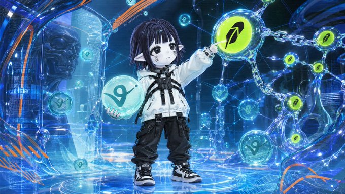 An anime-style illustration of a character with horns holding a glowing orb, surrounded by a network of connected orbs against a blue futuristic background.