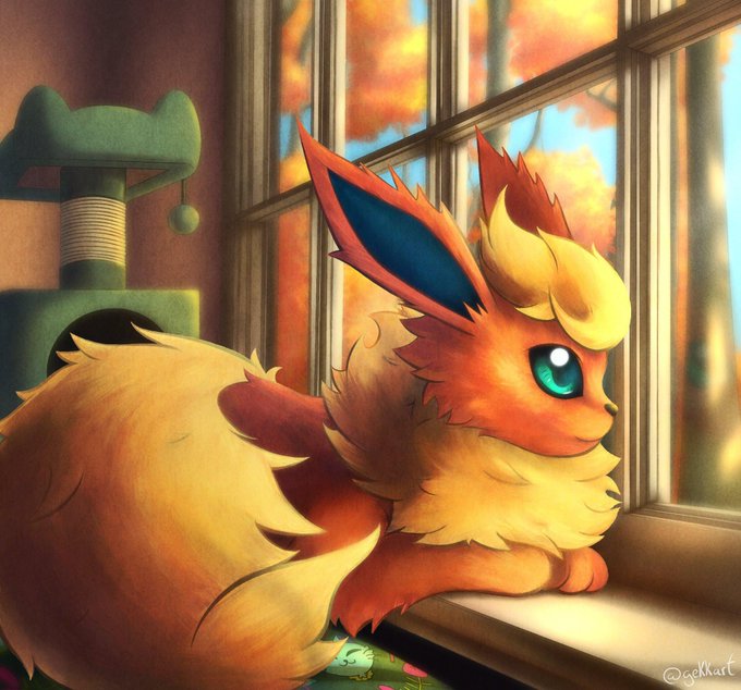 A digital illustration by 'gekkart' of a Flareon Pokémon looking out a window at an autumn scene, with a cat tree visible in the background.