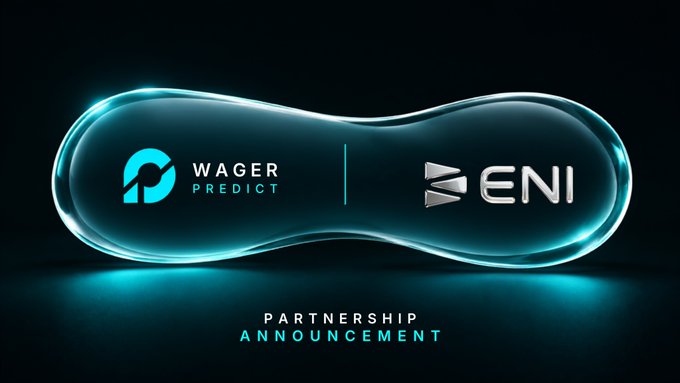A glowing capsule-shaped graphic displays the logos for "Wager Predict" and "ENI" side by side, with "PARTNERSHIP ANNOUNCEMENT" text below, visually representing the collaboration between Wager's BNB Chain prediction market ecosystem and ENI's high-performance Layer 1 blockchain infrastructure.