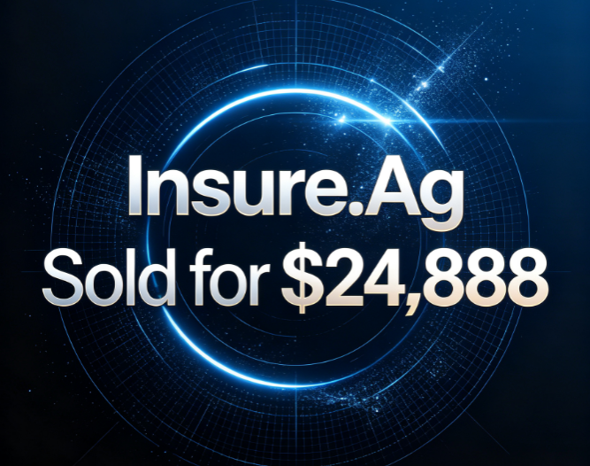 A graphic with a dark blue, cosmic background features glowing rings and the text 'Insure.Ag Sold for $24,888'.