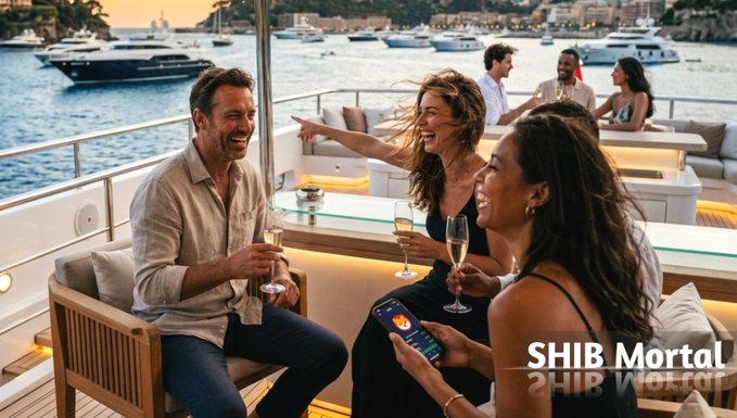 A group of well-dressed people enjoying champagne on a luxury yacht, with a city harbor and sunset in the background; watermark reads 'SHIB Mortal'.