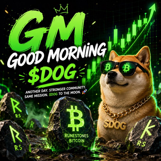 A 'GM Good Morning $DOG' cryptocurrency meme featuring a Shiba Inu dog wearing Bitcoin-symbol sunglasses and a gold '$DOG' chain, set against green candlestick charts and 'Runestones Bitcoin' rocks.