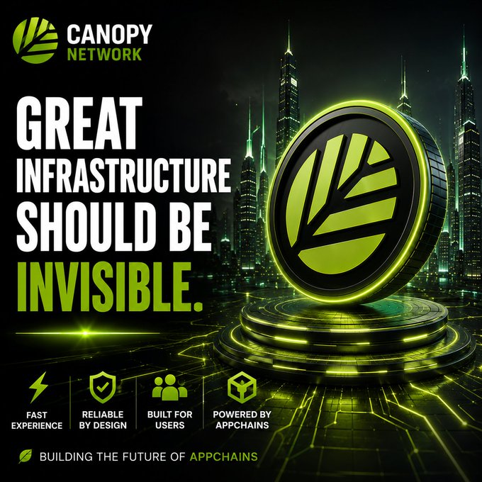 A promotional graphic for Canopy Network declares "GREAT INFRASTRUCTURE SHOULD BE INVISIBLE" against a futuristic cityscape with a glowing green leaf logo, highlighting features like fast experience and being powered by appchains.