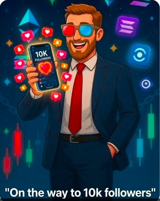 An illustrated cartoon of a bearded man in a suit wearing 3D glasses, holding a phone showing '10K FOLLOWERS' surrounded by floating heart and social media icons, with the caption 'On the way to 10k followers.'