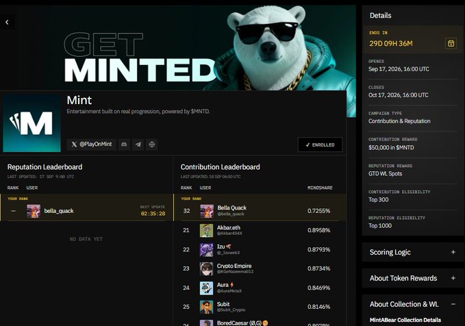 A dashboard for a token launch called 'Mint' with the slogan 'GET MINTED', showing a polar bear mascot, leaderboards for reputation and contribution, and details including the contract address and distribution information.