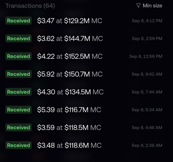 A cryptocurrency transaction history showing 8 received payments in chronological reverse order from Sep 8, ranging from $3.47 to $5.92 at varying market caps between $116.7M and $152.5M, illustrating the frequent passive income rewards described in the post about holding $KNOTS.