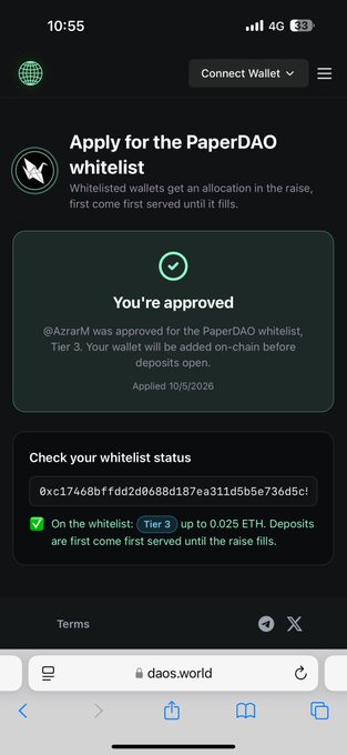A mobile screen showing 'You're approved' for the PaperDAO whitelist on daos.world, with the wallet approved for Tier 3 deposits up to 0.025 ETH.