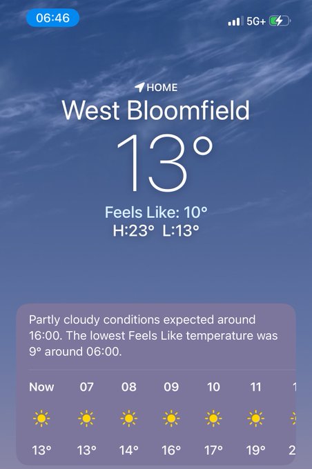 A smartphone weather app screenshot showing the current conditions for West Bloomfield at 13° (feels like 10°) with a high of 23° and low of 13°, indicating partly cloudy conditions and an hourly forecast showing sunny weather.