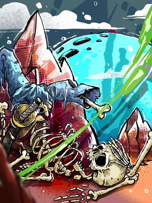 A comic-style illustration depicting a dragon-like creature with blue and red scales wielding a green energy sword, standing over a skeletal dragon skull and bones in a rocky landscape.