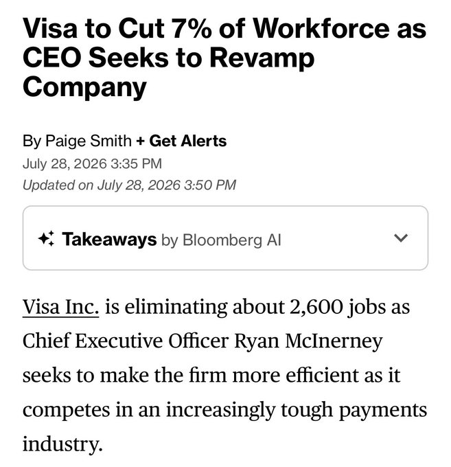The title "Visa to Cut 7% of Workforce as CEO Seeks to Revamp Company" summarizes the company's strategic move detailed in the post, which highlights the company's plan to eliminate around 2,600 jobs as a step towards increasing efficiency in one of the industries it represents. The headline, combined with the announcement details, provides a comprehensive overview of the company's restructuring efforts, intended to spur greater growth within the business.
