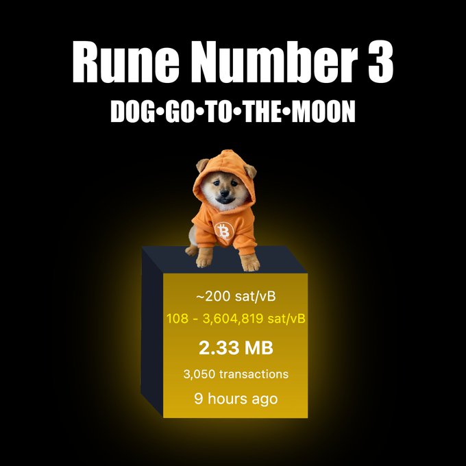 The image features a small dog wearing an orange hoodie, sitting atop a yellow cube with the number "3" written on it. The background of the image is black, which contrasts with the white text that reads "Rune Number 3". Below this, there are descriptions and numbers related to Bitcoin transactions.