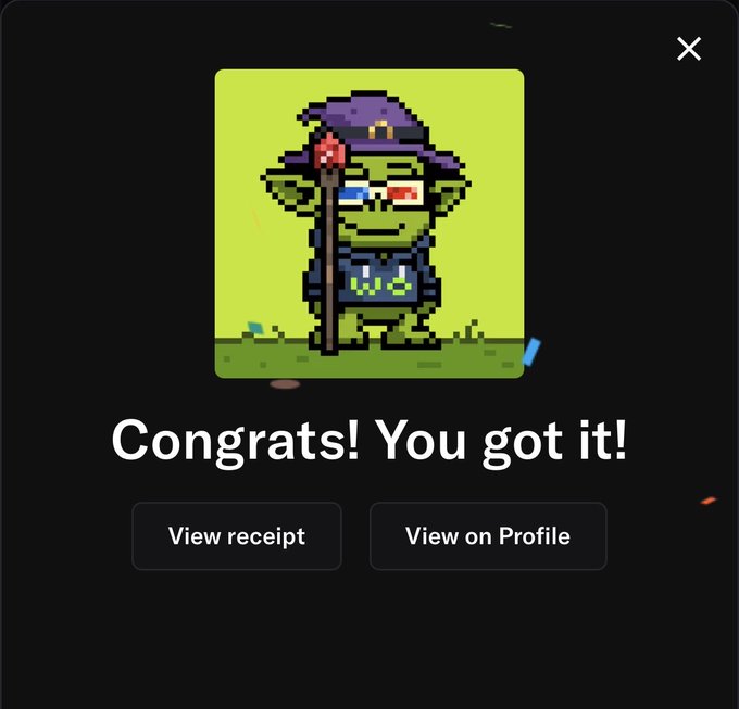 A pixel art character of a green goblin-like wizard wearing a purple hat and 3D glasses, holding a staff, displayed in a notification that reads 'Congrats! You got it!' with 'View receipt' and 'View on Profile' buttons.