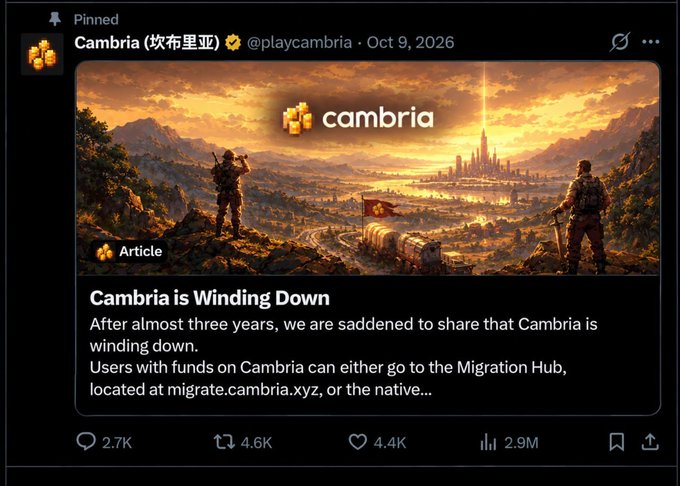 A pinned tweet from @playcambria dated Oct 9, 2026, titled 'Cambria is Winding Down', announcing the end of the Cambria game with artwork of soldiers overlooking a fantasy landscape.