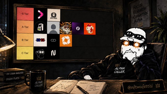 An 'Alpha Caller' NFT tier list graphic ranking various NFT projects in S, A, B, and C tiers alongside an illustrated detective character.