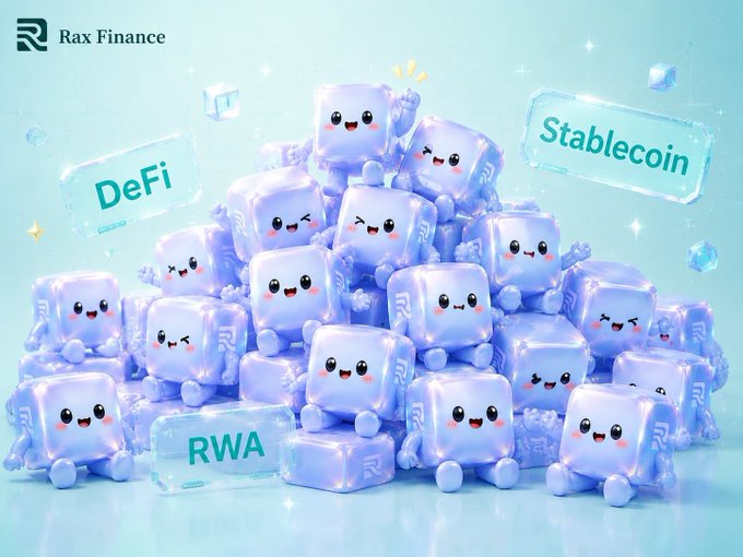 Rax Finance promotional graphic featuring a pile of cute purple cube characters with labels 'DeFi', 'Stablecoin', and 'RWA'.