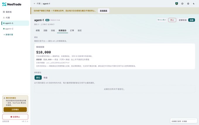 A screenshot of the NeoTrade trading platform interface in Chinese, showing an agent's investment combination of $10,000 with a button to stop the strategy.