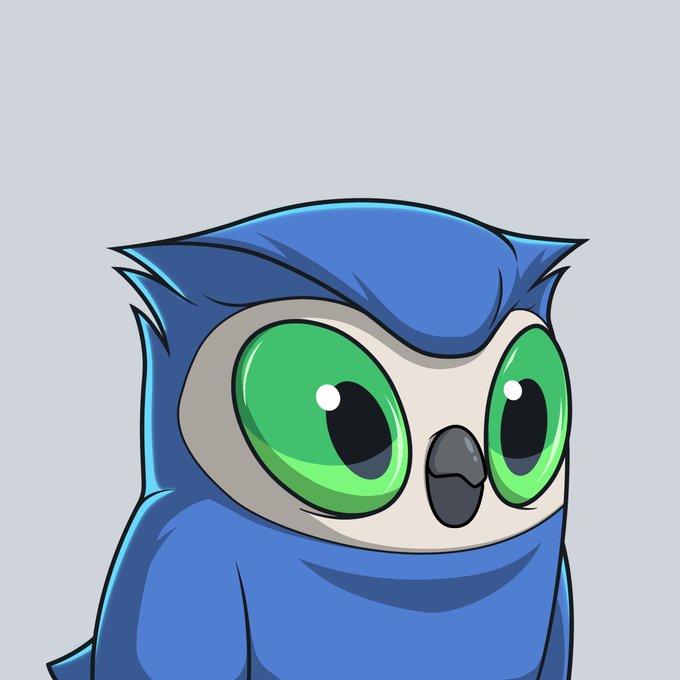 A digital illustration shows a stylized blue owl character with large, bright green eyes and a small grey beak.