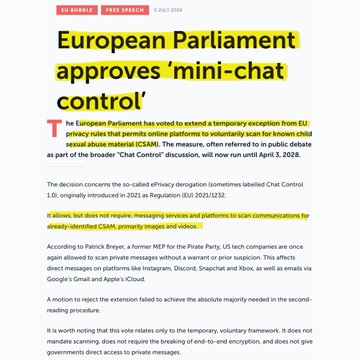 The image shows an EU Bubble press opinion article dated 8 July 2025 titled "European Parliament approves 'mini-chat control'," discussing the EU's temporary exception allowing voluntary scanning of private messages for known child sexual abuse material (CSAM). The connection to the post about pivoting to Bitcoin lies in the article's mention that this measure would break end-to-end encryption and give governments direct access to private messages—underscoring concerns about digital privacy and government surveillance that often motivate crypto adoption.
