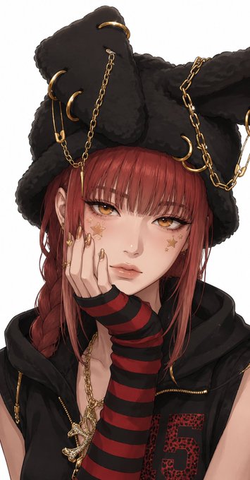 An anime-style illustration of a woman with red hair, striking yellow eyes, and star face markings, wearing a large black fuzzy hat adorned with gold chains and crescents, along with red and black striped sleeves.