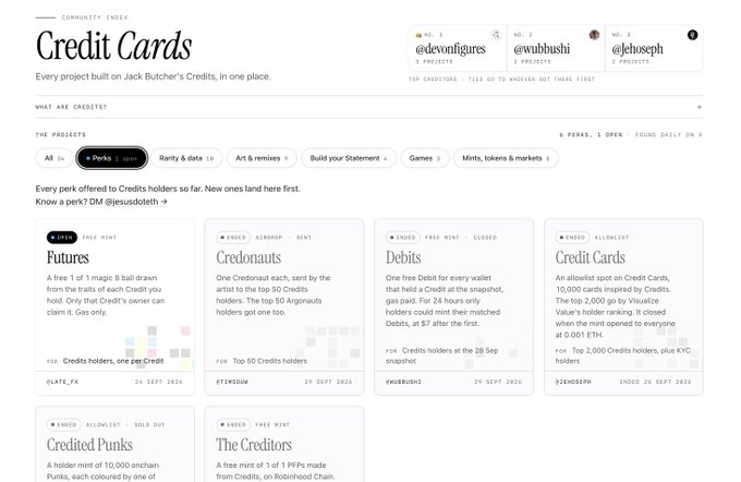 A 'Credit Cards' community index page from Jack Butcher listing projects like Futures, Credonarts, Debits, Credit Cards, Credited Punks, and The Creditors, with leaderboards showing @devfigures, @wubbushi, and @jehoseph in the top three spots.