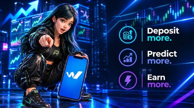 A cyberpunk-styled woman crouches while pointing at the viewer, holding a smartphone displaying the "W" logo, set against a neon trading chart backdrop featuring the slogans "Deposit more," "Predict more," and "Earn more," promoting Wahoopredict with the promo code "ROFFYREALM" for the first 100 signups.