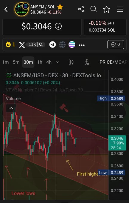 A cryptocurrency trading chart from DEXTools.io showing the ANSEM/SOL token priced at $0.3046 (-0.11%) on a 30-minute timeframe, featuring candlestick analysis with annotations pointing to a descending triangle pattern, a first high, and lower lows.