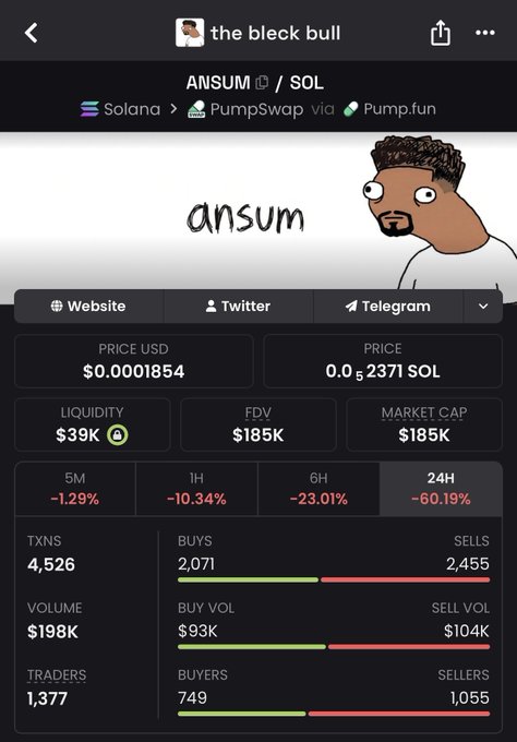 A mobile screenshot of a Pump.fun page for the Solana memecoin ANSUM, showing a price of $0.0001854, market cap of $185K, and 24H decline of -60.19%.