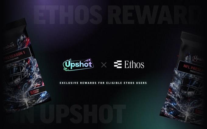 A promotional graphic reading 'ETHOS REWARD' featuring 'Upshot x Ethos' logos, the tagline 'EXCLUSIVE REWARDS FOR ELIGIBLE ETHOS USERS', and two Upshot NFL Preseason Prediction Pack chip bags.