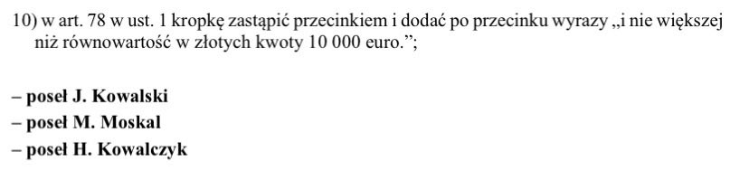 A snippet of a Polish parliamentary document showing an amendment to Article 78, proposed by MPs J. Kowalski, M. Moskal, and H. Kowalczyk, which would change a fine limit to "no more than the zloty equivalent of 10,000 euros." The image illustrates the context of the post's criticism, highlighting how such amendments could impose relatively small financial penalties for crypto-related violations, reinforcing concerns about the law's leniency toward the industry.