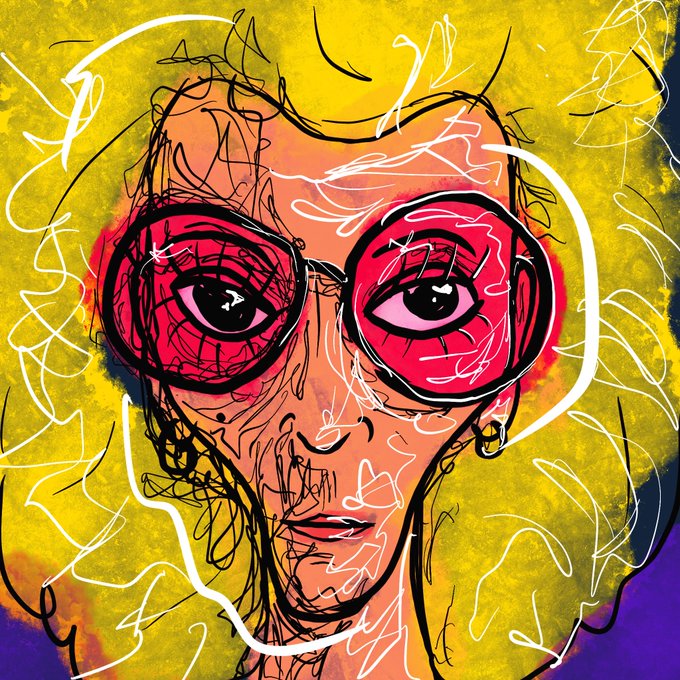 An expressive pop-art style portrait of a woman wearing oversized pink-tinted sunglasses, featuring sketchy black linework on an orange face against a yellow background with chaotic white scribbles.