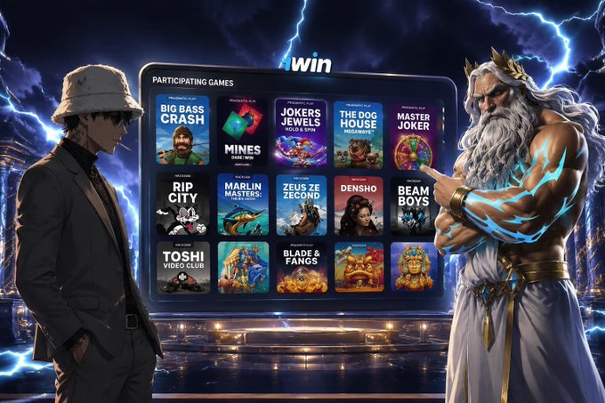 A promotional image for '1win' featuring two anime/game-style characters on either side of a screen displaying participating games including Big Bass Crash, Mines Dare2Win, Joker Jewels, The Dog House Megaways, Master Joker, and others.