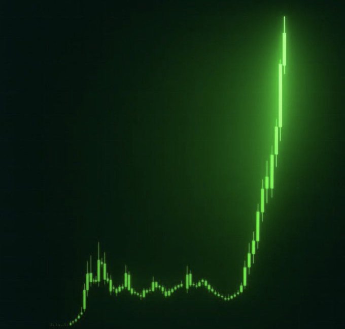 A green candlestick chart showing a dramatic upward price surge against a dark background, depicting a significant bullish breakout pattern.