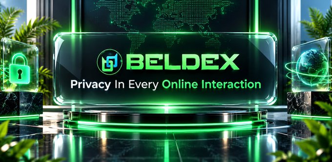 A futuristic green-lit 3D graphic for 'BELDEX' featuring a padlock and globe icons, with the tagline 'Privacy In Every Online Interaction'.