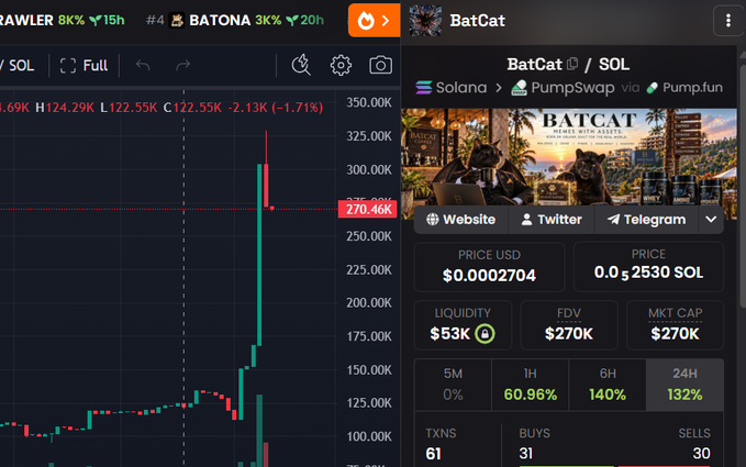 A cryptocurrency trading interface displays a chart for a token called 'BatCat' (BATC) on the Solana network via PumpSwap and Pump.fun, showing a massive price spike to $0.0002704 with a 24H increase of 132%.