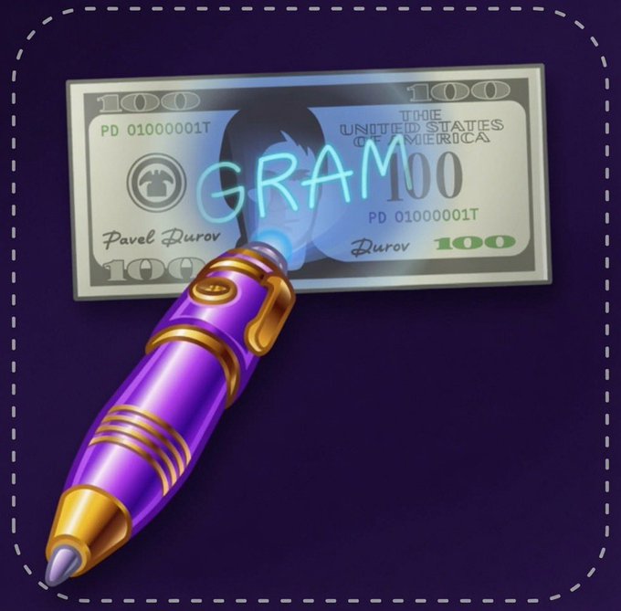 An illustration shows a purple and gold pen writing 'GRAM' in glowing blue neon on a $100 bill labeled 'Pavel Durov' and 'Durov'.
