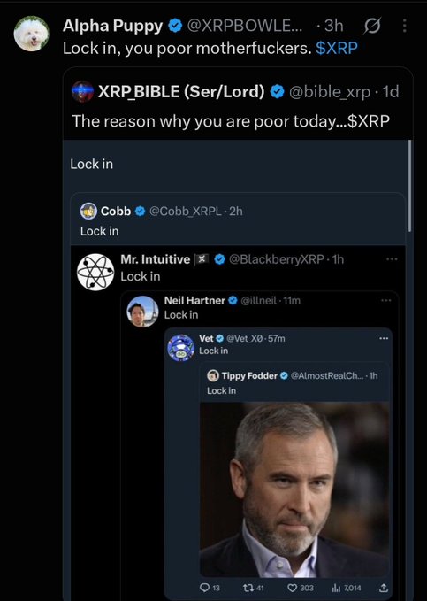 A chain of tweets from crypto accounts including Alpha Puppy (@XRPBOWLE...), XRP BIBLE (Ser/Lord) (@bible_xrp), Cobb (@Cobb_XRPL), Mr. Intuitive (@BlackberryXRP), Neil Hartner (@illneil), Vet (@Vet_X0), and Tippy Fodder (@AlmostRealC...), all saying 'Lock in' with a photo of Robert Kiyosaki.