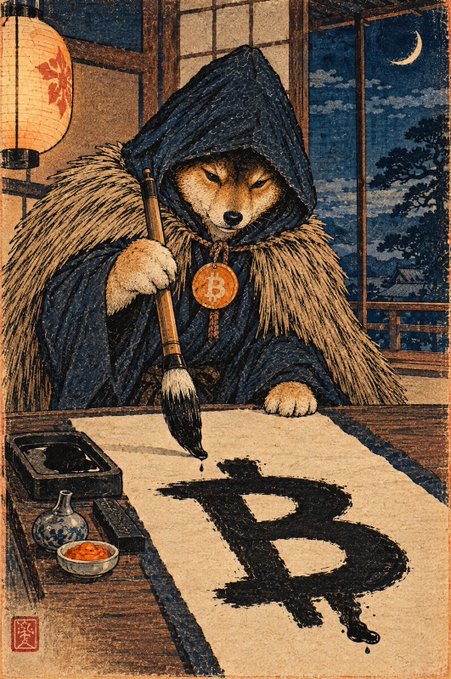 Illustration of a hooded fox in a straw cloak using a calligraphy brush to paint a large black "B" with the Bitcoin symbol, set in a traditional Japanese-style room.