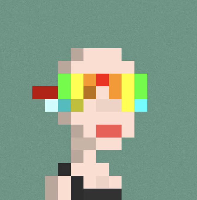 A pixel art-style low-resolution figure with blonde hair and colorful hair clips on a green background, resembling an anime character.