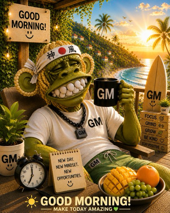 A vibrant digital artwork shows a green monkey character wearing a 'GM' headband and holding a 'GM' mug, surrounded by motivational signs including 'GOOD MORNING!', 'FOCUS, GRIND, GROW, BE KIND, STAY POSITIVE', and 'NEW DAY. NEW MINDSET. NEW OPPORTUNITIES.' with a tropical beach sunset background.