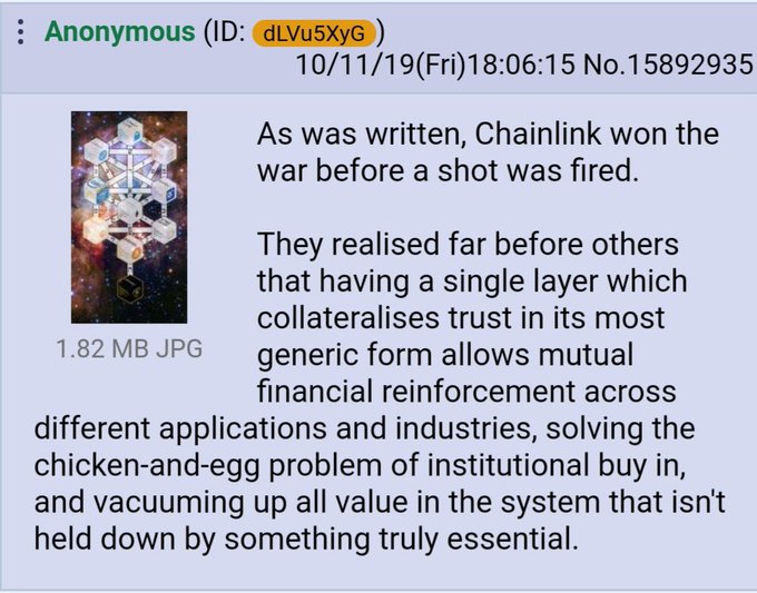 An anonymous forum post dated 10/11/19 stating 'As was written, Chainlink won the war before a shot was fired.' discussing Chainlink's role in solving the chicken-and-egg problem.