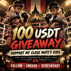 The image is a promotional graphic featuring two young children in Muay Thai gear facing off in a ring, with bold text reading "100 USDT GIVEAWAY - Support My Close Mate's Kids - The Next Generation of Muay Thai" along with instructions to "Follow, Engage, Screenshot" to enter the giveaway, which directly supports the post's call to help fund the children's Muay Thai training.