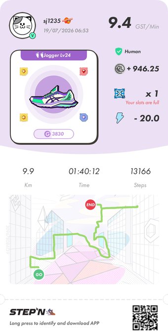 A STEP'N app fitness screenshot showing user 'sj1235' earning 9.4 GST/Min with a green/white Jogger sneaker and a walking route map.
