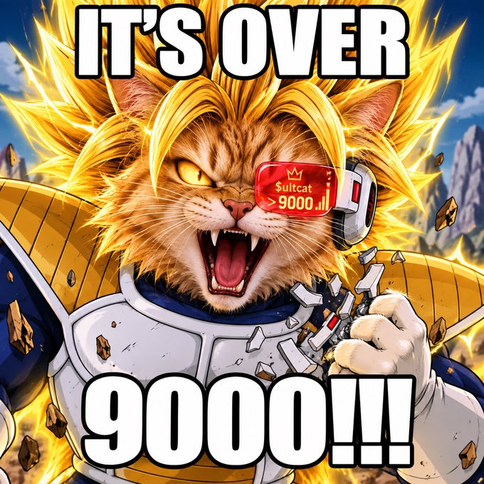 A meme image shows an orange cat styled as a Super Saiyan character with spiky yellow hair, wearing armor and a scouter displaying 'Suitcat > 9000', accompanied by the text 'IT'S OVER 9000!!!'.
