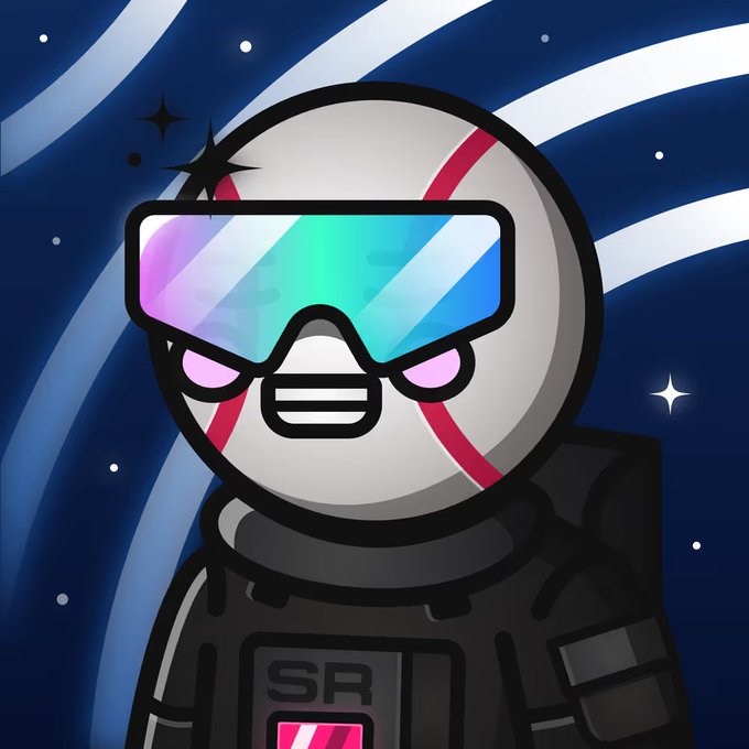 Cartoon illustration of a character wearing an astronaut helmet with iridescent goggles, a black spacesuit with an 'SR' patch, set against a starry space background with swirling patterns.